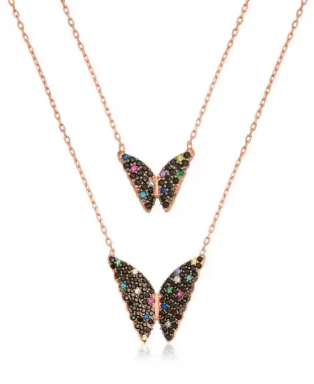 Gümüş Rose Çift Zincirli Kelebek Kolye