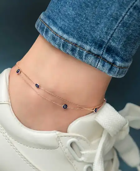 Gümüş Rose Çift Zincirli Nazar Halhal