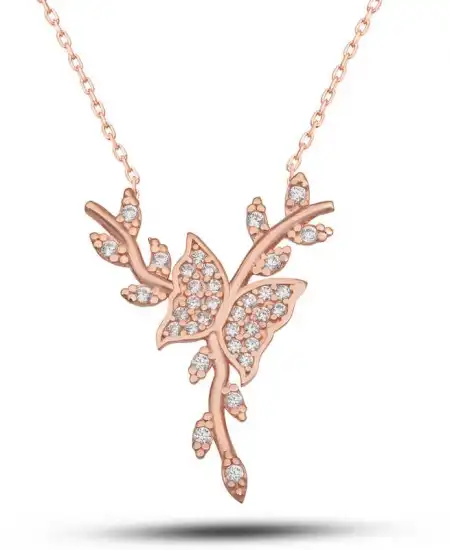 Gümüş Rose Daldaki Kelebek Kadın Kolye
