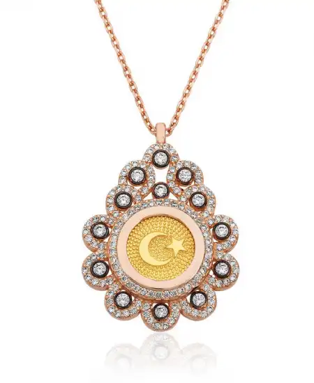 Gümüş Rose Damla Çerçeveli Ay Yıldız Bayan Kolye