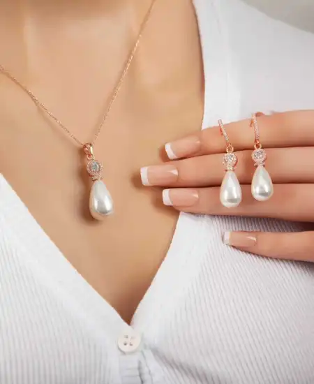 Gümüş Rose Damla İnci Kadın Set