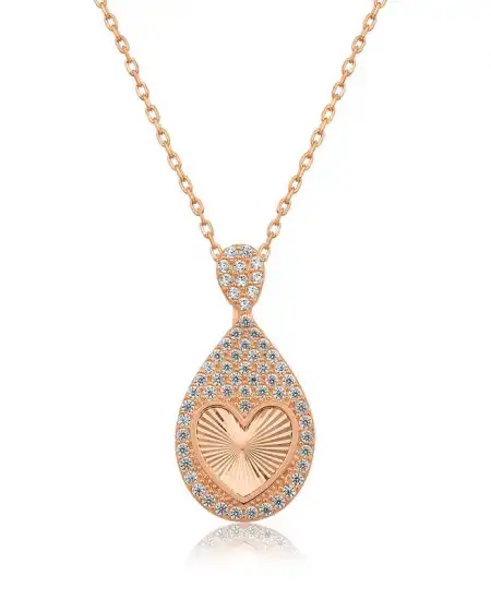 Gümüş Rose Damla Kalp Bayan Kolye