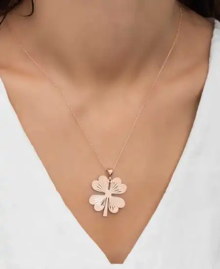 Gümüş Rose Dört Yaprak Rose Yonca Bayan Kolye