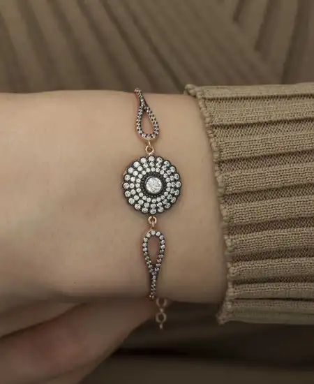 Gümüş Rose Elmas Montür Çiçek Bayan Bileklik