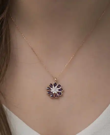 Gümüş Rose Erguvan Çiçeği Kolye