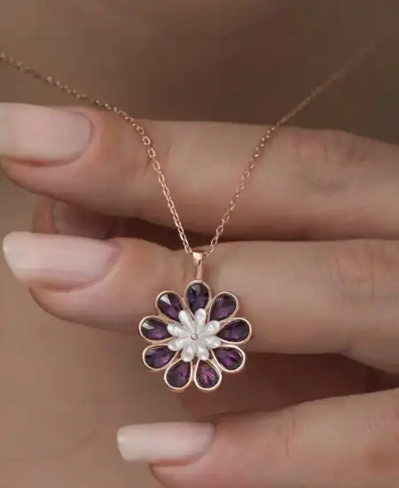 Gümüş Rose Erguvan Çiçeği Kolye