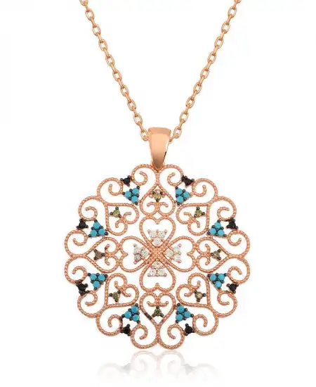 Gümüş Rose Etnik Desenli Madalyon Kolye