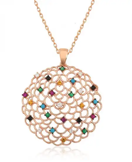 Gümüş Rose Geometrik Desenli Madalyon Kolye