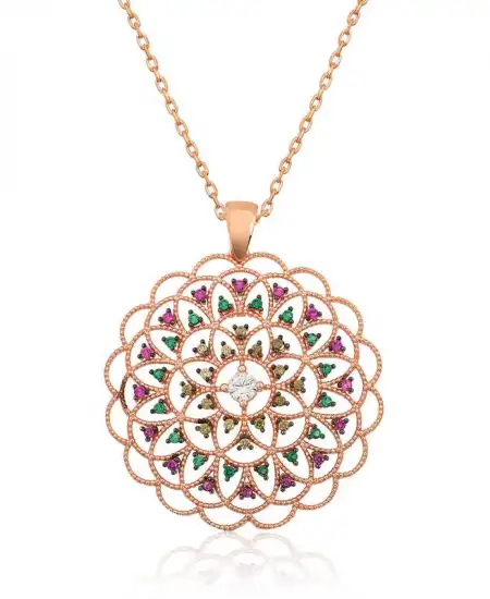 Gümüş Rose Geometrik Desenli Madalyon Kolye