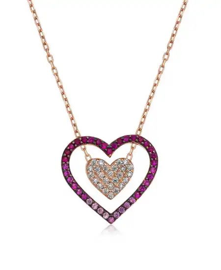 Gümüş Rose İki Kalp Bayan Kolye