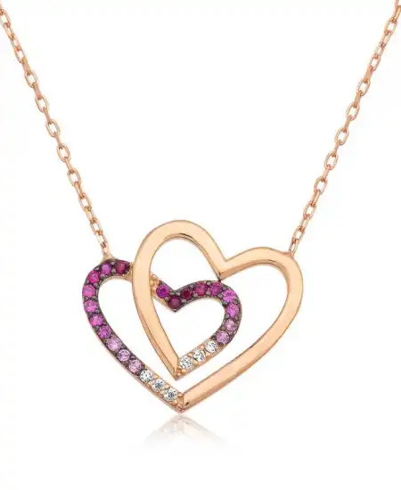 Gümüş Rose İki Kalp Bayan Kolye