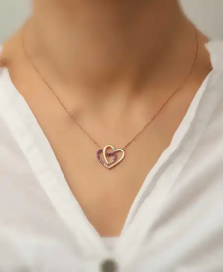 Gümüş Rose İki Kalp Bayan Kolye