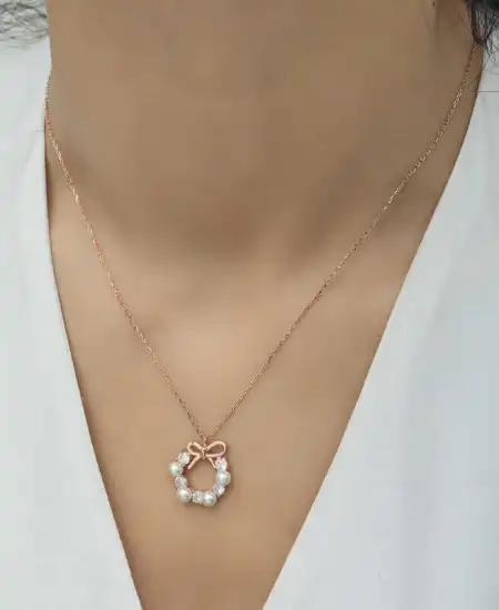 Gümüş Rose İnci Kurdele Kadın Kolye