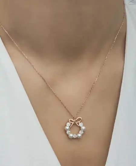 Gümüş Rose İnci Kurdele Kadın Kolye