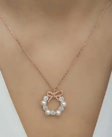 Gümüş Rose İnci Kurdele Kadın Kolye