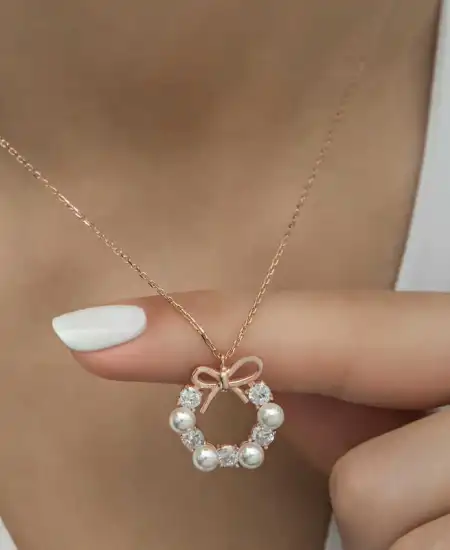 Gümüş Rose İnci Kurdele Kadın Kolye