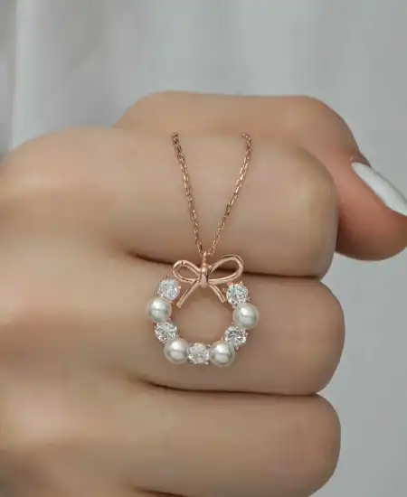 Gümüş Rose İnci Kurdele Kadın Kolye