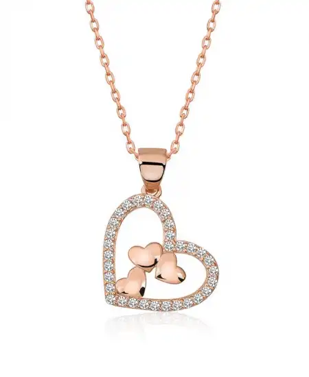 Gümüş Rose Kalbin İçinde Üç Kalp Kolye