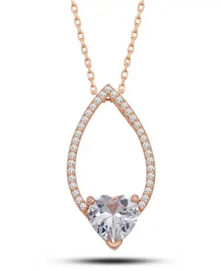 Gümüş Rose Kalp Beyaz Taşlı Damla Kadın Kolye