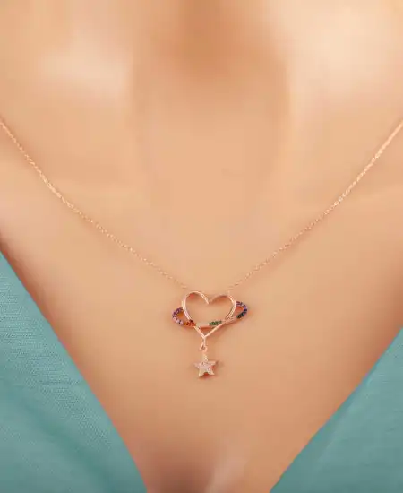 Gümüş Rose Kalp Yıldız Kadın Kolye