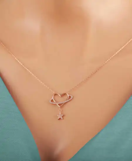 Gümüş Rose Kalp Yıldız Kadın Kolye