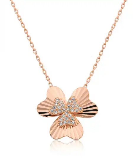 Gümüş Rose Kalp Yonca Bayan Kolye