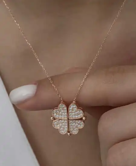 Gümüş Rose Kalpli Açılabilen Yonca Kadın Kolye