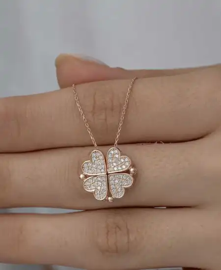 Gümüş Rose Kalpli Açılabilen Yonca Kadın Kolye