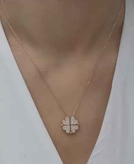 Gümüş Rose Kalpli Açılabilen Yonca Kadın Kolye