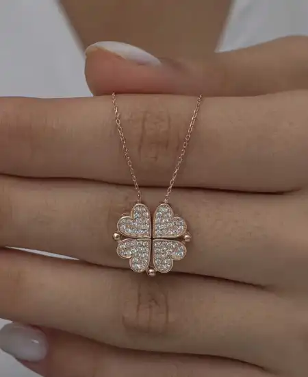 Gümüş Rose Kalpli Açılabilen Yonca Kadın Kolye