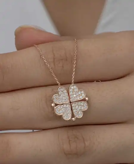 Gümüş Rose Kalpli Açılabilen Yonca Kadın Kolye