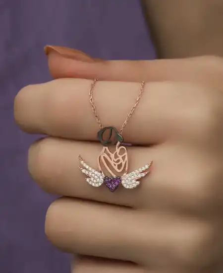 Gümüş Rose Kalpli Anne Ve Çocuk Kolye