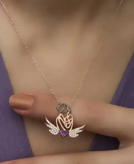 Gümüş Rose Kalpli Anne Ve Çocuk Kolye