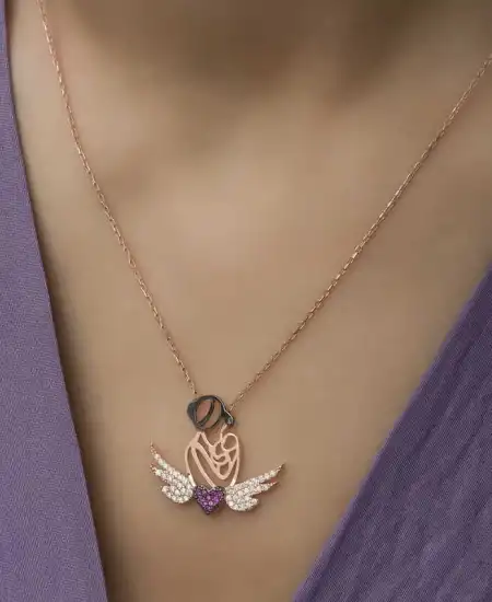 Gümüş Rose Kalpli Anne Ve Çocuk Kolye