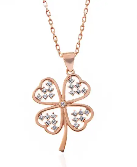 Gümüş Rose Kalpli Dört Yapraklı Yonca Kadın Kolye