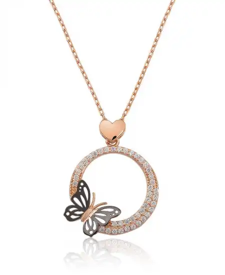Gümüş Rose Kalpli Kelebek Çemberi Kolye