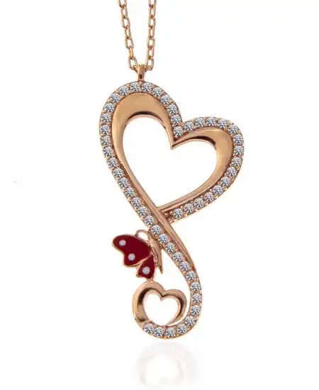 Gümüş Rose Kalpli Kelebek Kadın Kolye