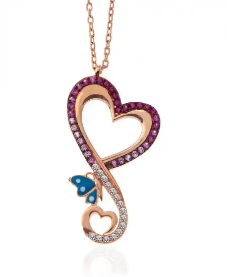 Gümüş Rose Kalpli Kelebek Kadın Kolye