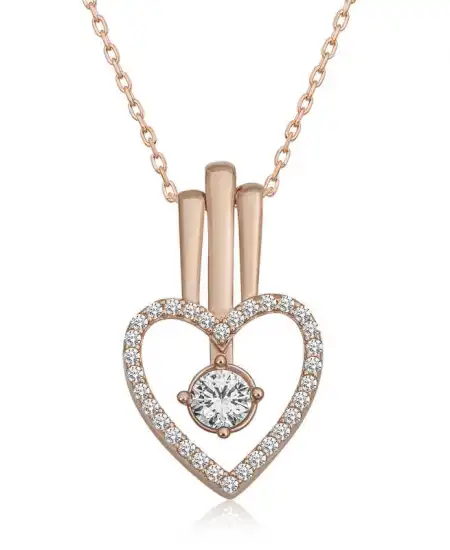 Gümüş Rose Kalpli Tek Taş Kadın Kolye