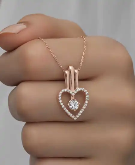 Gümüş Rose Kalpli Tek Taş Kadın Kolye