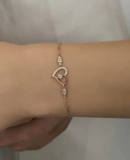 Gümüş Rose Kalpli Tektaş Kadın Bileklik