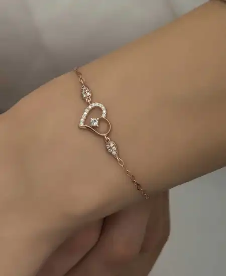 Gümüş Rose Kalpli Tektaş Kadın Bileklik
