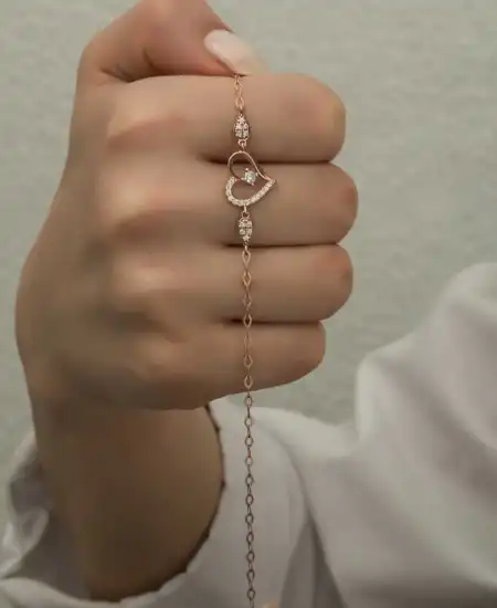 Gümüş Rose Kalpli Tektaş Kadın Bileklik