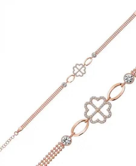 Gümüş Rose Kalpli Yonca Bileklik