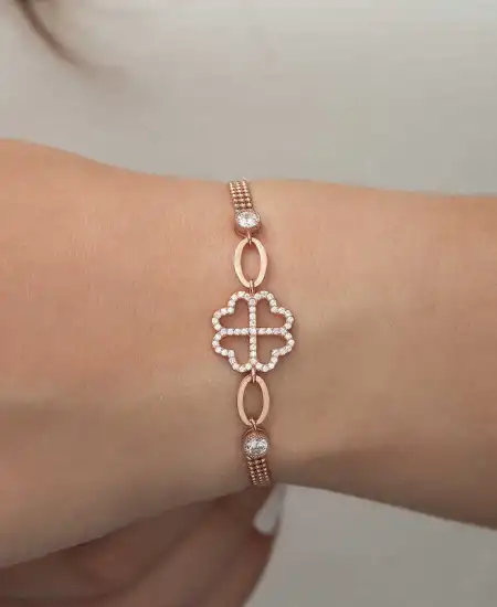 Gümüş Rose Kalpli Yonca Bileklik