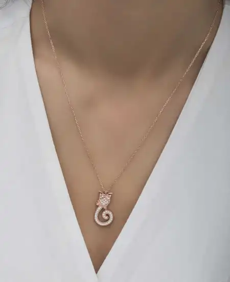 Gümüş Rose Kedi Kadın Kolye