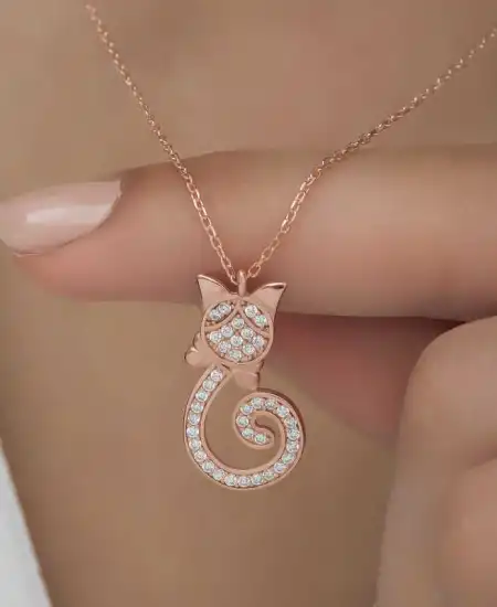 Gümüş Rose Kedi Kadın Kolye