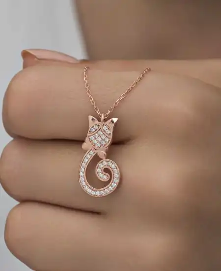 Gümüş Rose Kedi Kadın Kolye
