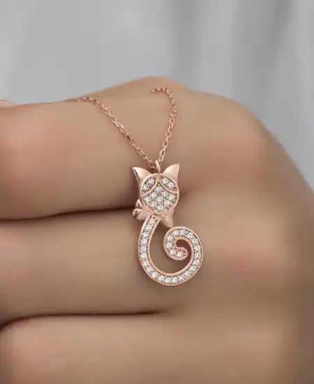 Gümüş Rose Kedi Kadın Kolye