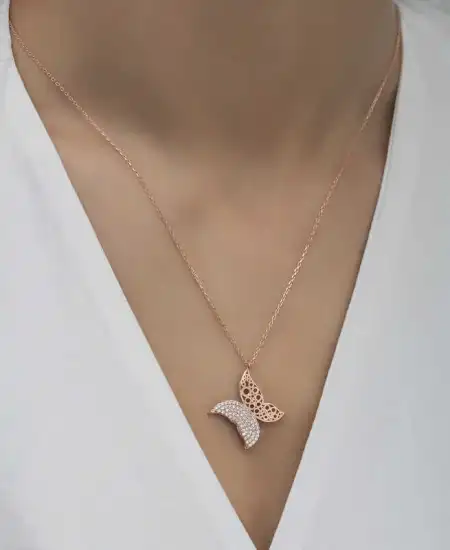 Gümüş Rose Kelebek Kadın Kolye